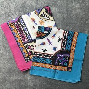 VTG Southwest Tribal Bandana Scarf Aztec Lot Of 2 Made In USA 90s New 21" x 21"‎